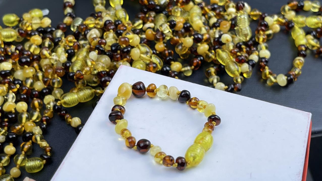 Bộ vòng tay, vòng cổ Hổ Phách cho bé, nhiều màu, hạt tròn 0807