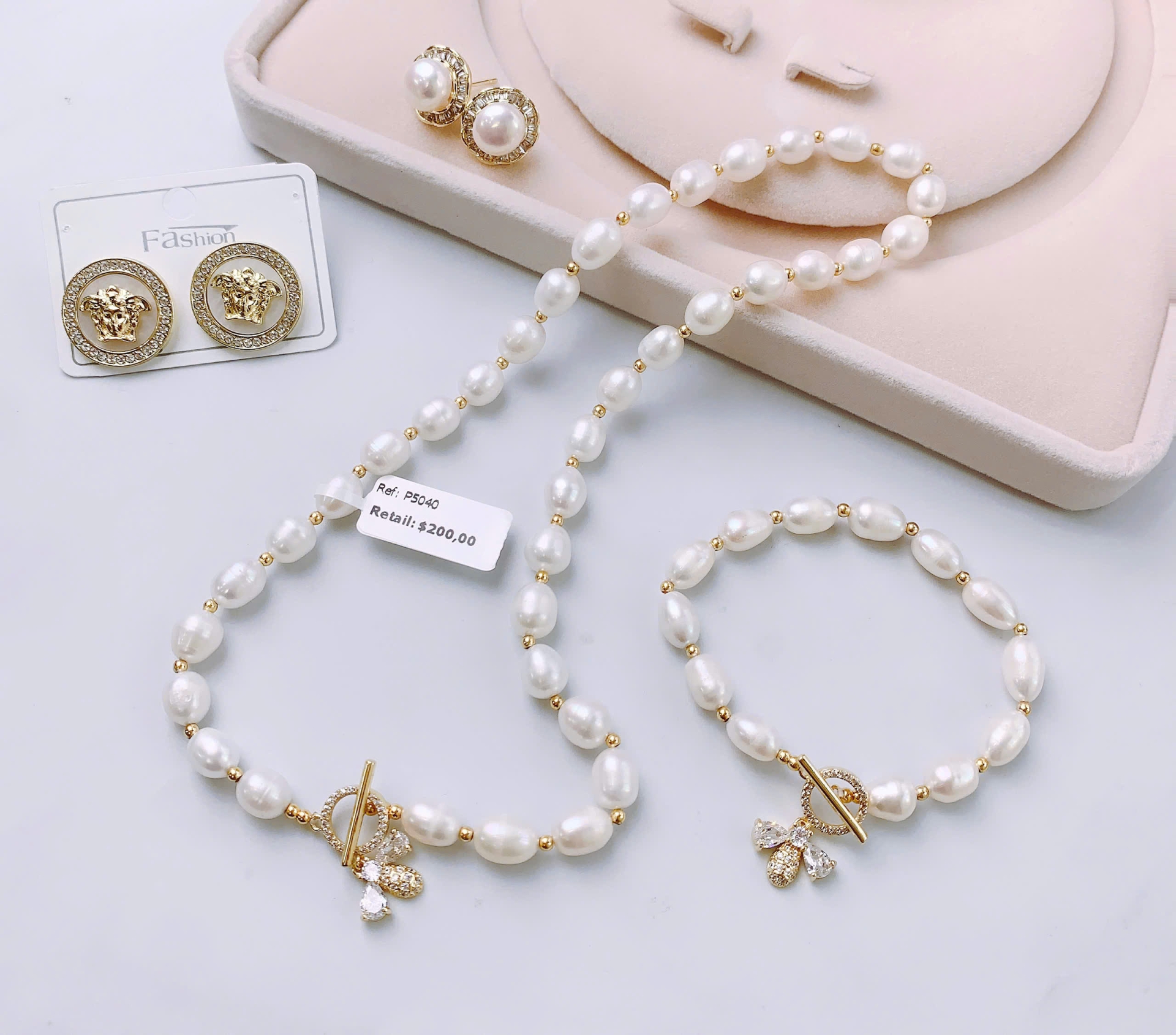 Vòng Cổ Vòng Tay Ngọc Trai Cao Cấp 3 Món Tặng Kèm Hoa Tai – Sang Trọng, Tinh Tế, Full Box Chứng Nhận