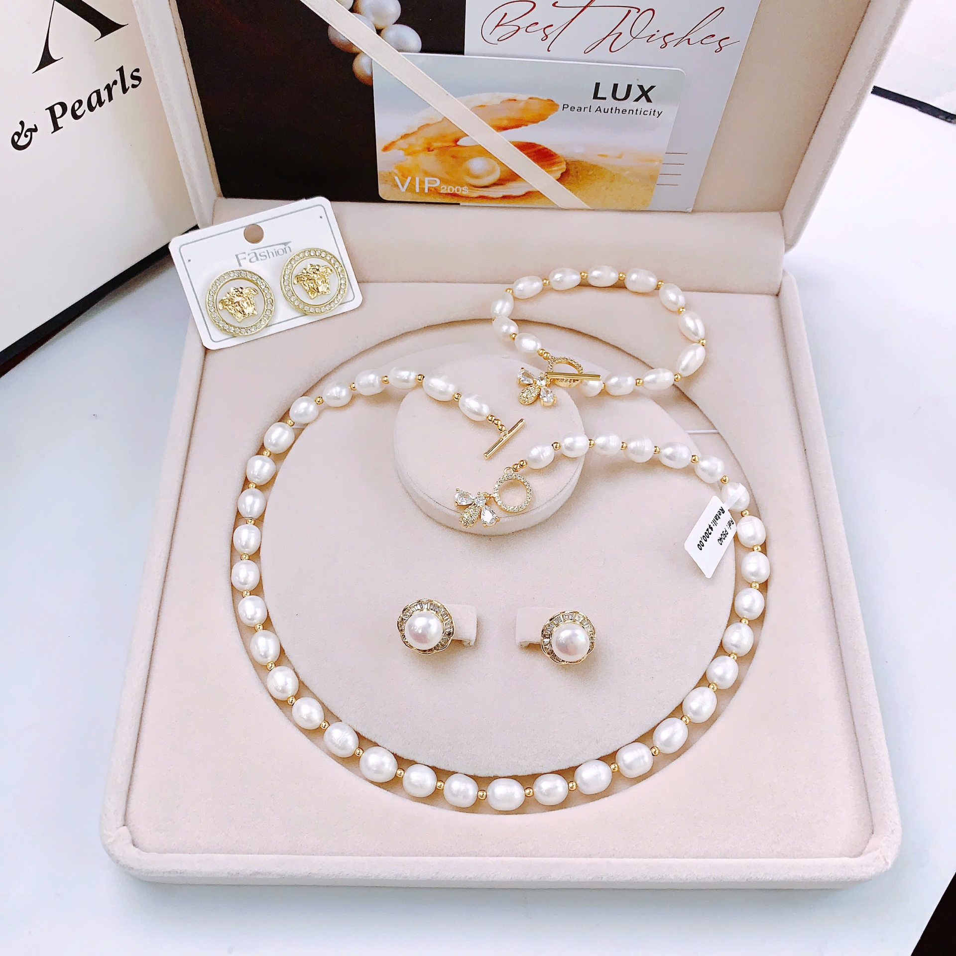 Vòng Cổ Vòng Tay Ngọc Trai Cao Cấp 3 Món Tặng Kèm Hoa Tai – Sang Trọng, Tinh Tế, Full Box Chứng Nhận