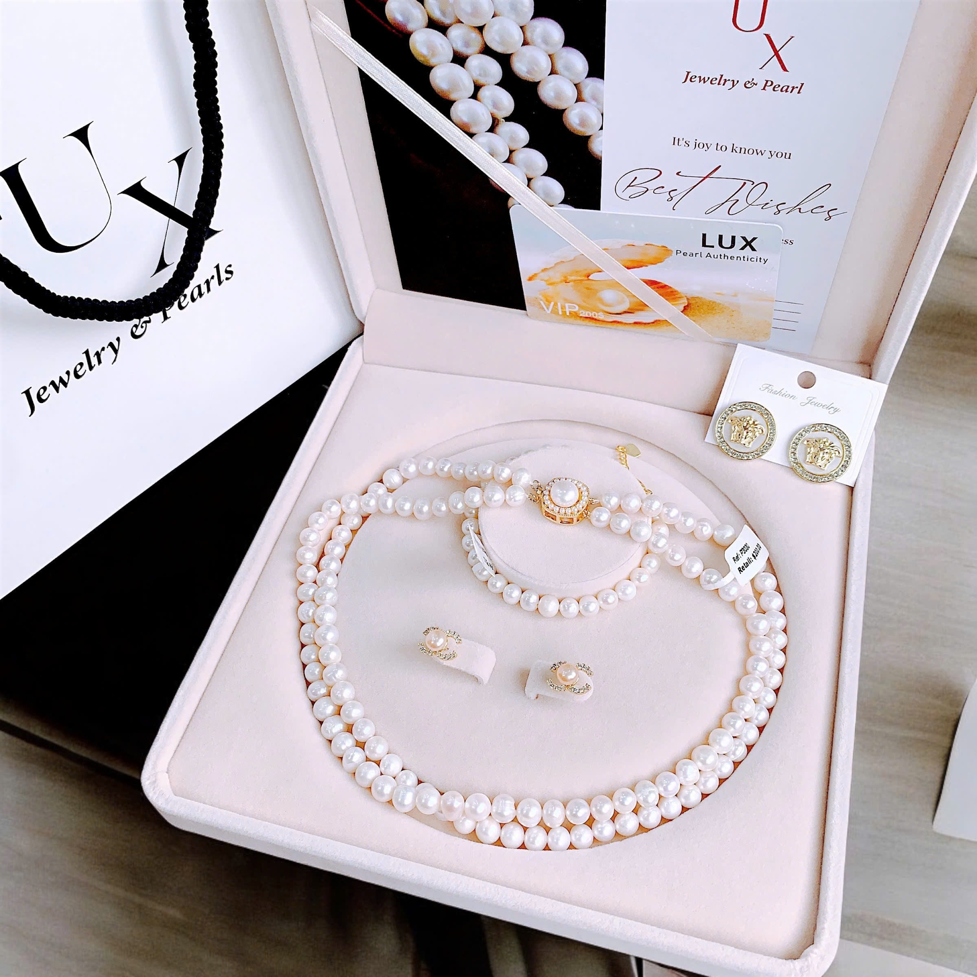 Ngọc Trai Đôi Mix Mặt Vuông Độc Đáo – Full Box, Thẻ Chứng Nhận, Quà Tặng Hoa Tai