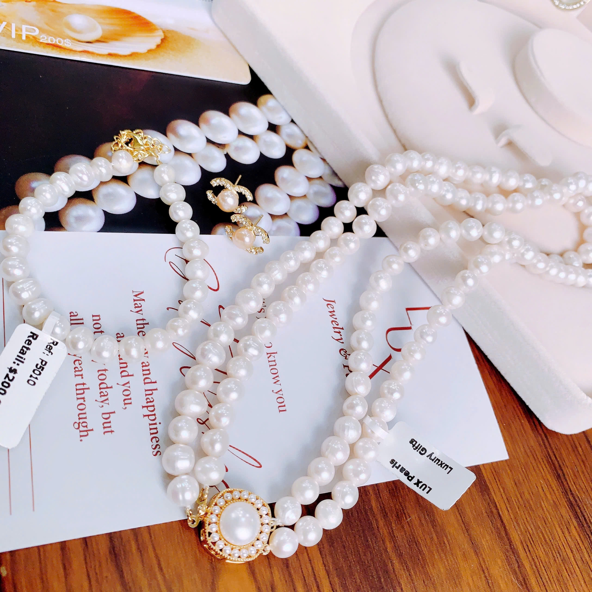 Ngọc Trai Đôi Mix Mặt Vuông Độc Đáo – Full Box, Thẻ Chứng Nhận, Quà Tặng Hoa Tai
