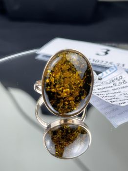 Nhẫn Hổ phách Nga bọc bạc 925 mạ vàng màu rêu mặt oval  NHP230225-03